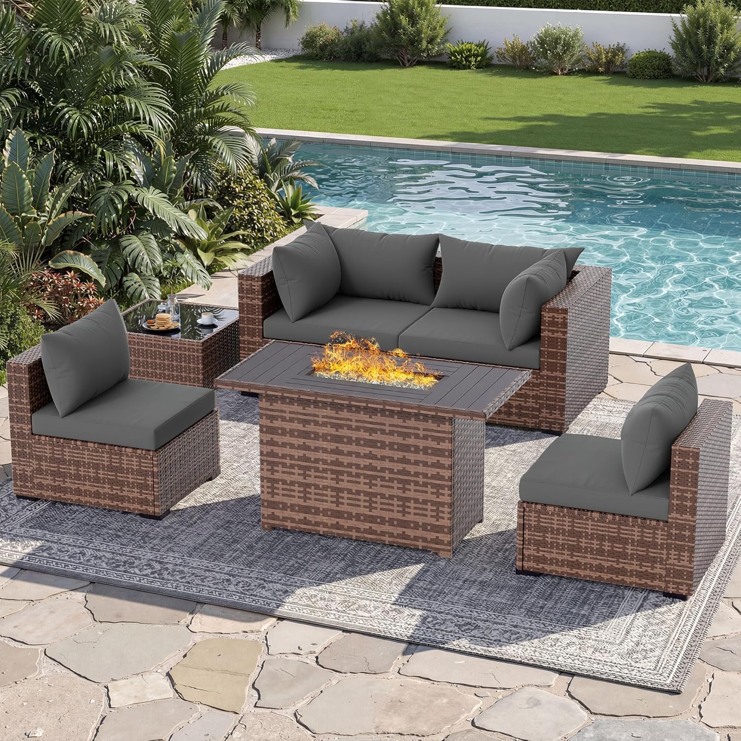 Outdoor Furniture With Fire Pit - 5-Piece Outdoor Sectional Sofa Set with