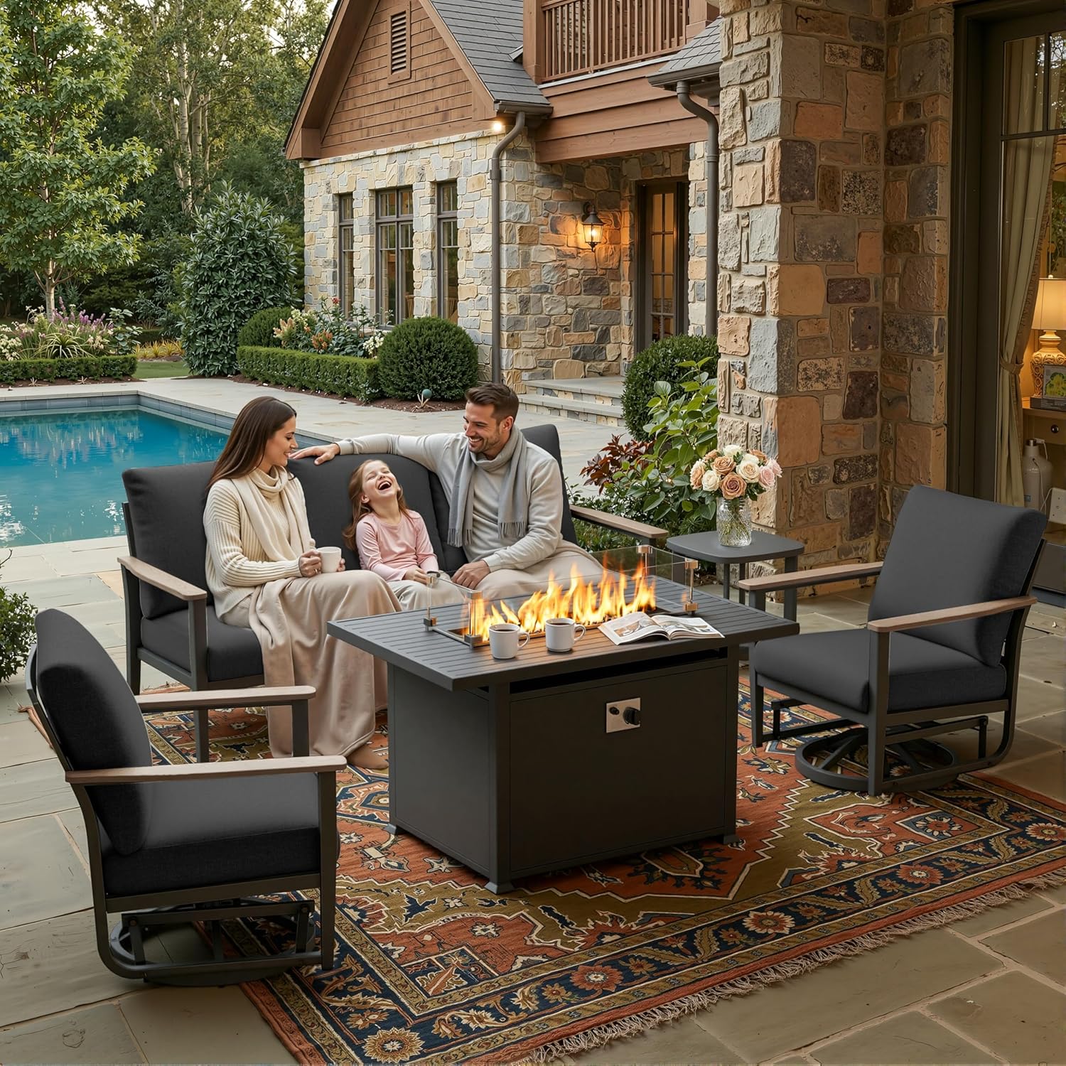 5pc Aluminum Patio Set Swivel  - Outdoor Furniture With Fire Pit recension och pris
